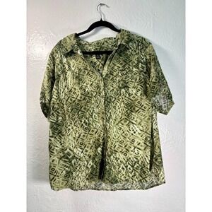 Erika Woman's‎ Geometric Button Down Shirt 2X Vacation Cruise Resortwear Green